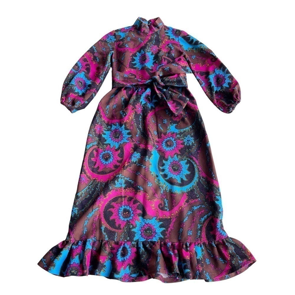 Handmade Fuchsia and Blue Floral Knit Retro Midi Dress M